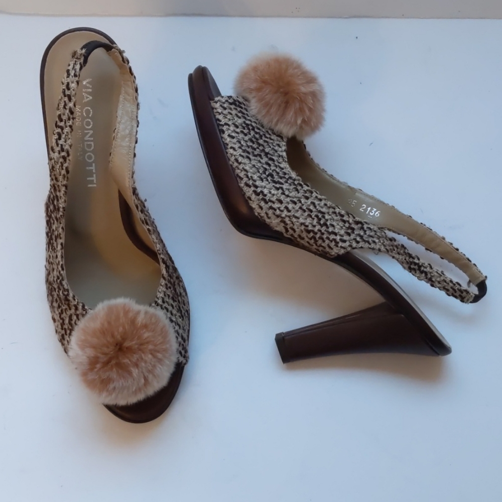 Via Condotti tweed 4 inch heels w pompoms-sz 8 1/2